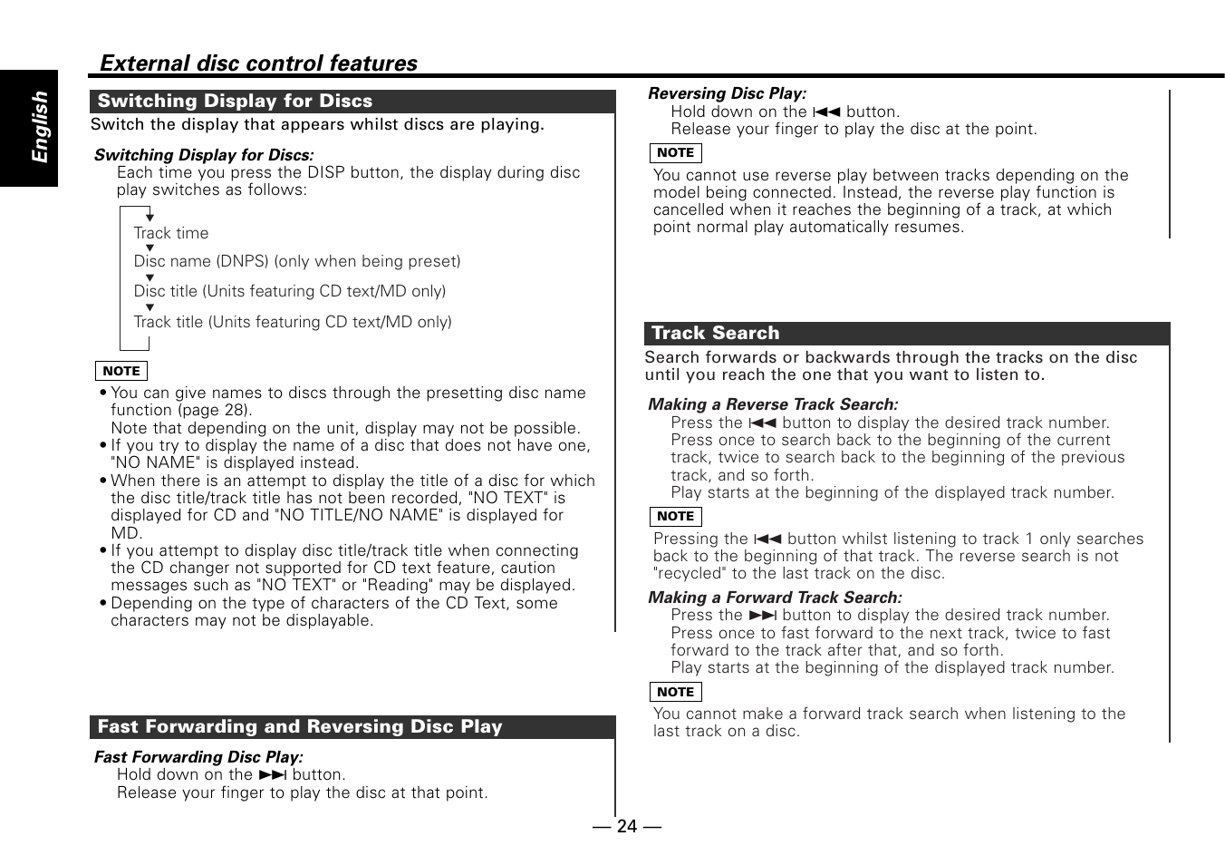 Switching display for discs, Fast forwarding and reversing disc play, Track search | External disc control features, English | Kenwood KRC-779R  EN User Manual | Page 24 / 50