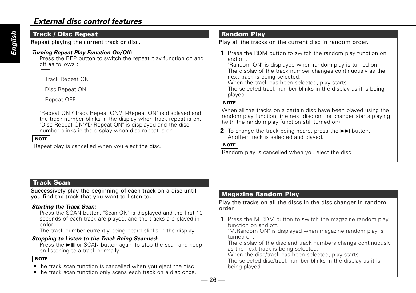 Track / disc repeat, Track scan, Random play | Magazine random play, External disc control features, English | Kenwood KRC-779R  EN User Manual | Page 26 / 50