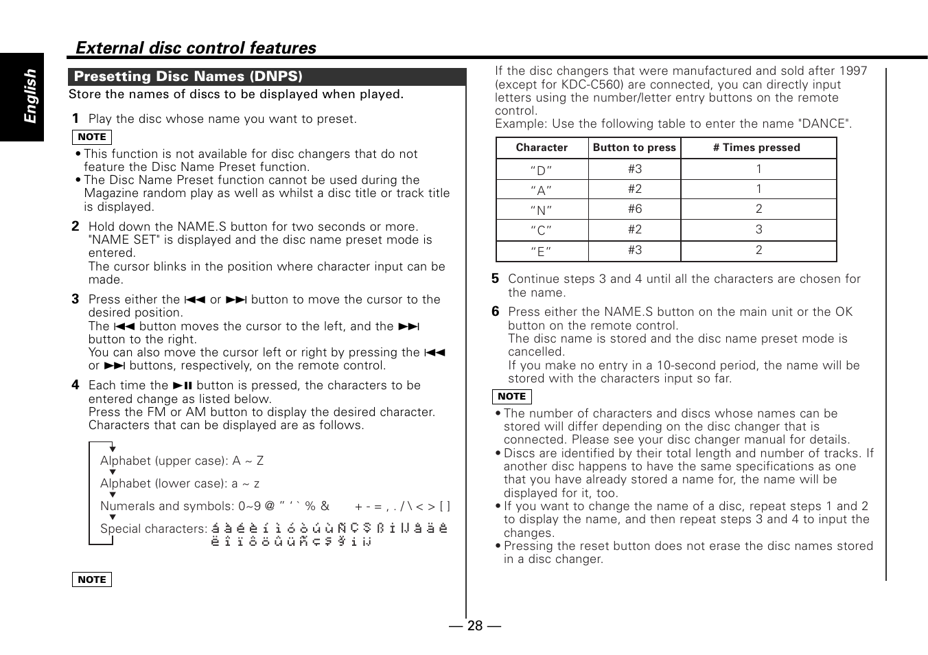 Presetting disc names (dnps), External disc control features, English | Kenwood KRC-779R  EN User Manual | Page 28 / 50