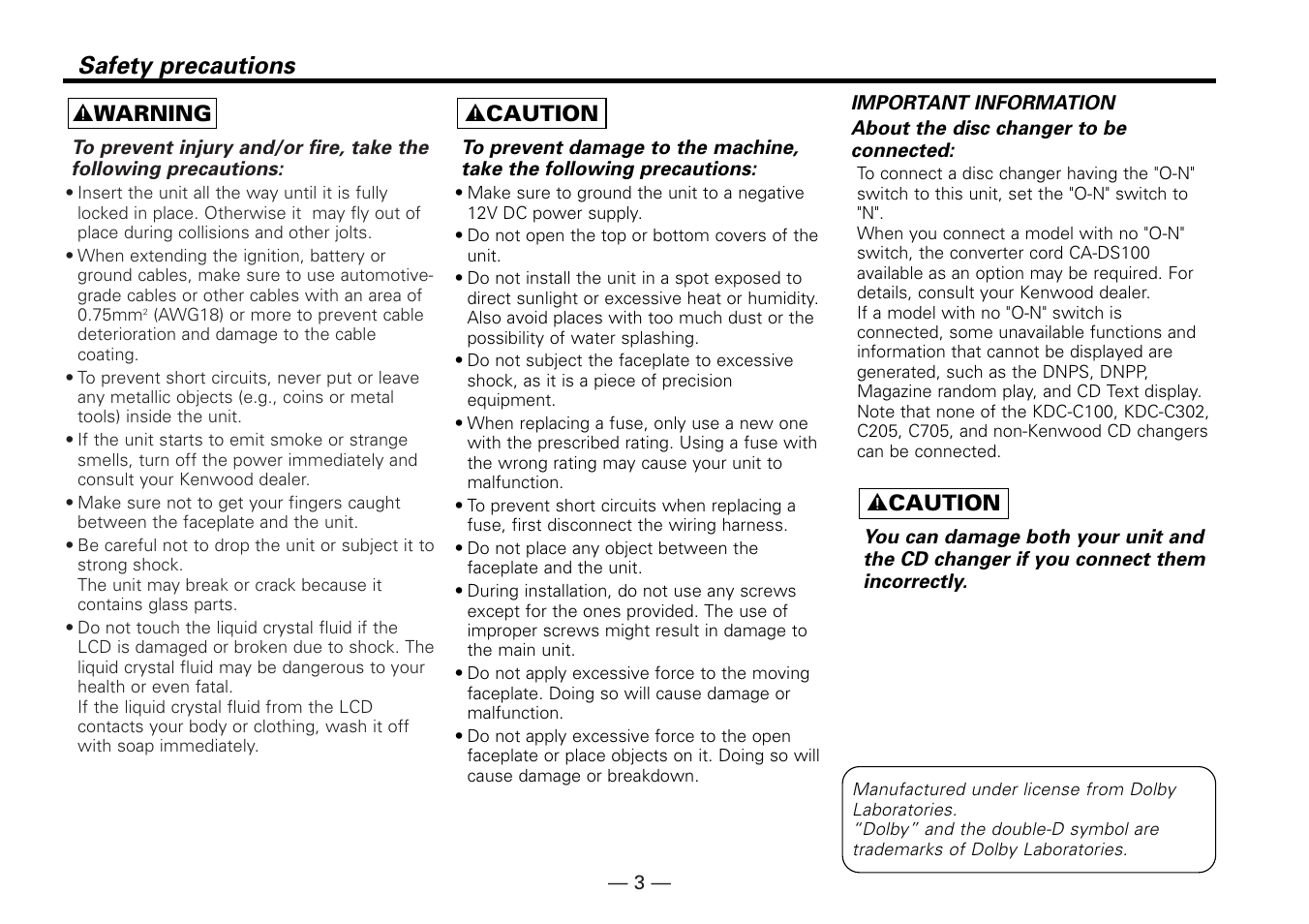 Safety precautions, 2 warning, 2 caution | Kenwood KRC-779R  EN User Manual | Page 3 / 50