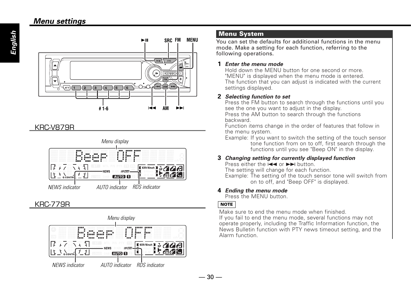 Menu settings, Menu system, English | 43 2 1 menu system | Kenwood KRC-779R  EN User Manual | Page 30 / 50