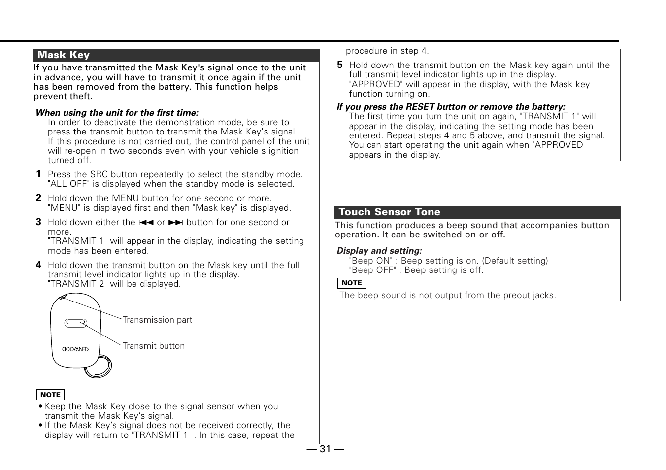 Mask key, Touch sensor tone | Kenwood KRC-779R  EN User Manual | Page 31 / 50