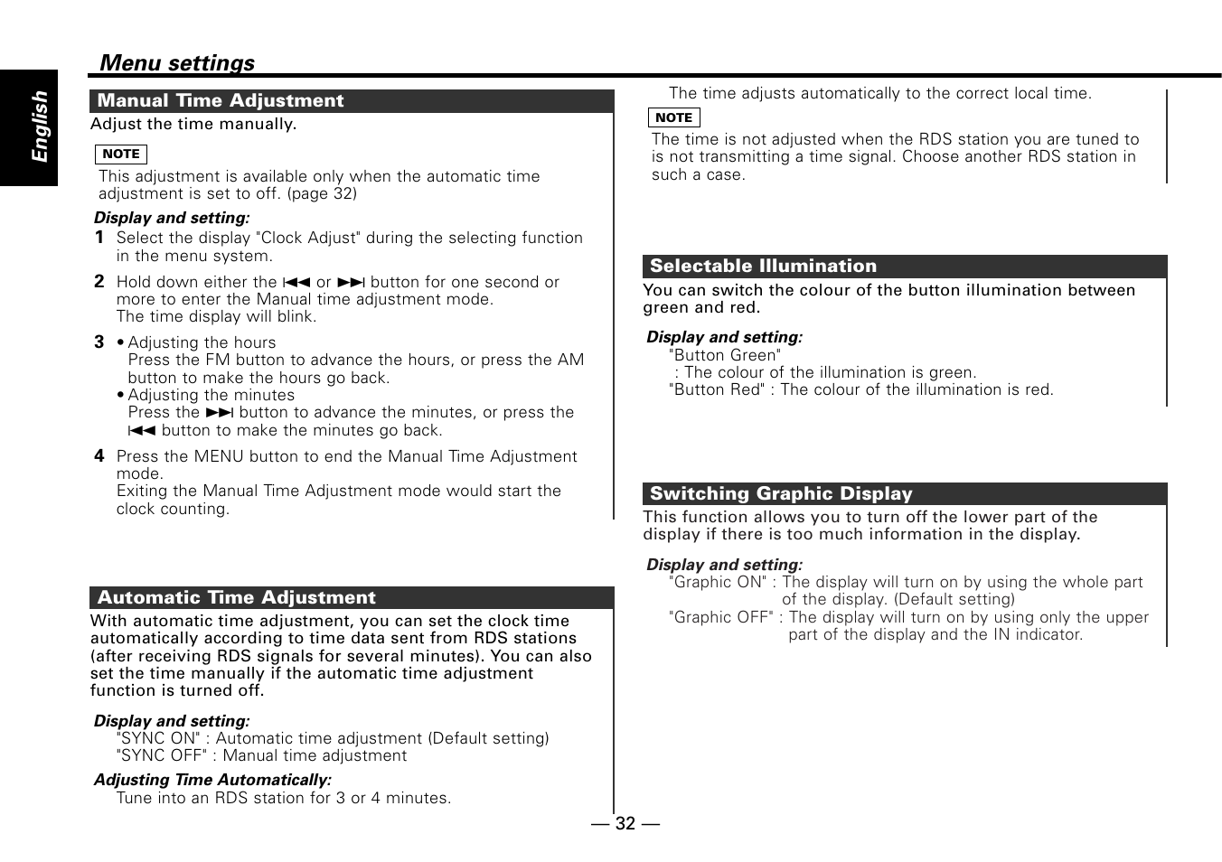 Manual time adjustment, Automatic time adjustment, Selectable illumination | Switching graphic display, Menu settings | Kenwood KRC-779R  EN User Manual | Page 32 / 50