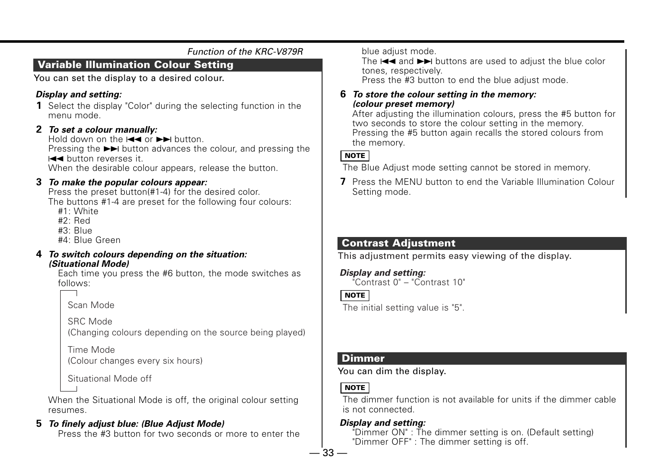 Variable illumination colour setting, Contrast adjustment, Dimmer | Kenwood KRC-779R  EN User Manual | Page 33 / 50