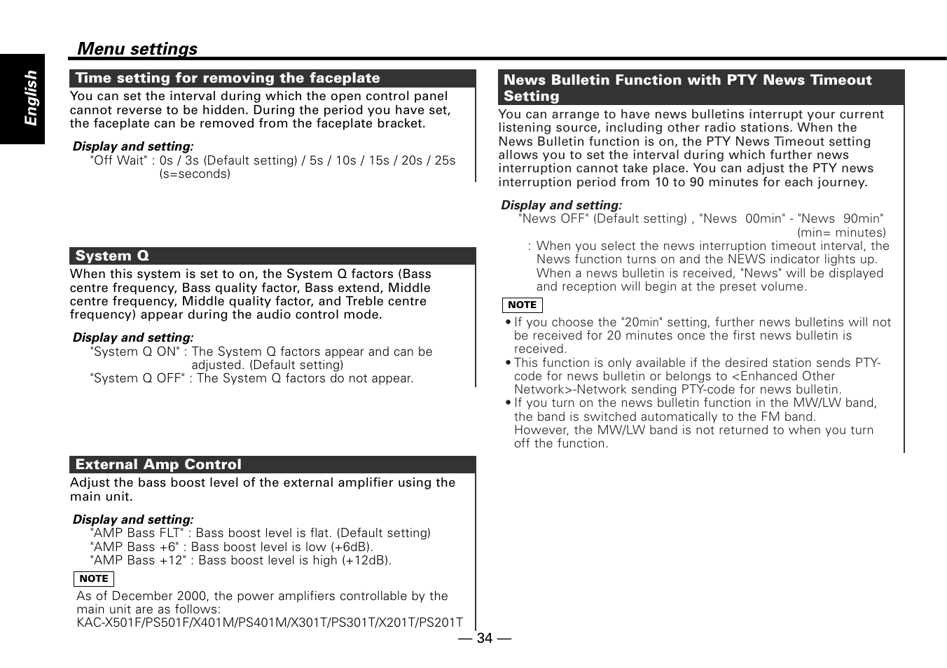 Time setting for removing the faceplate, System q, External amp control | Menu settings, English | Kenwood KRC-779R  EN User Manual | Page 34 / 50