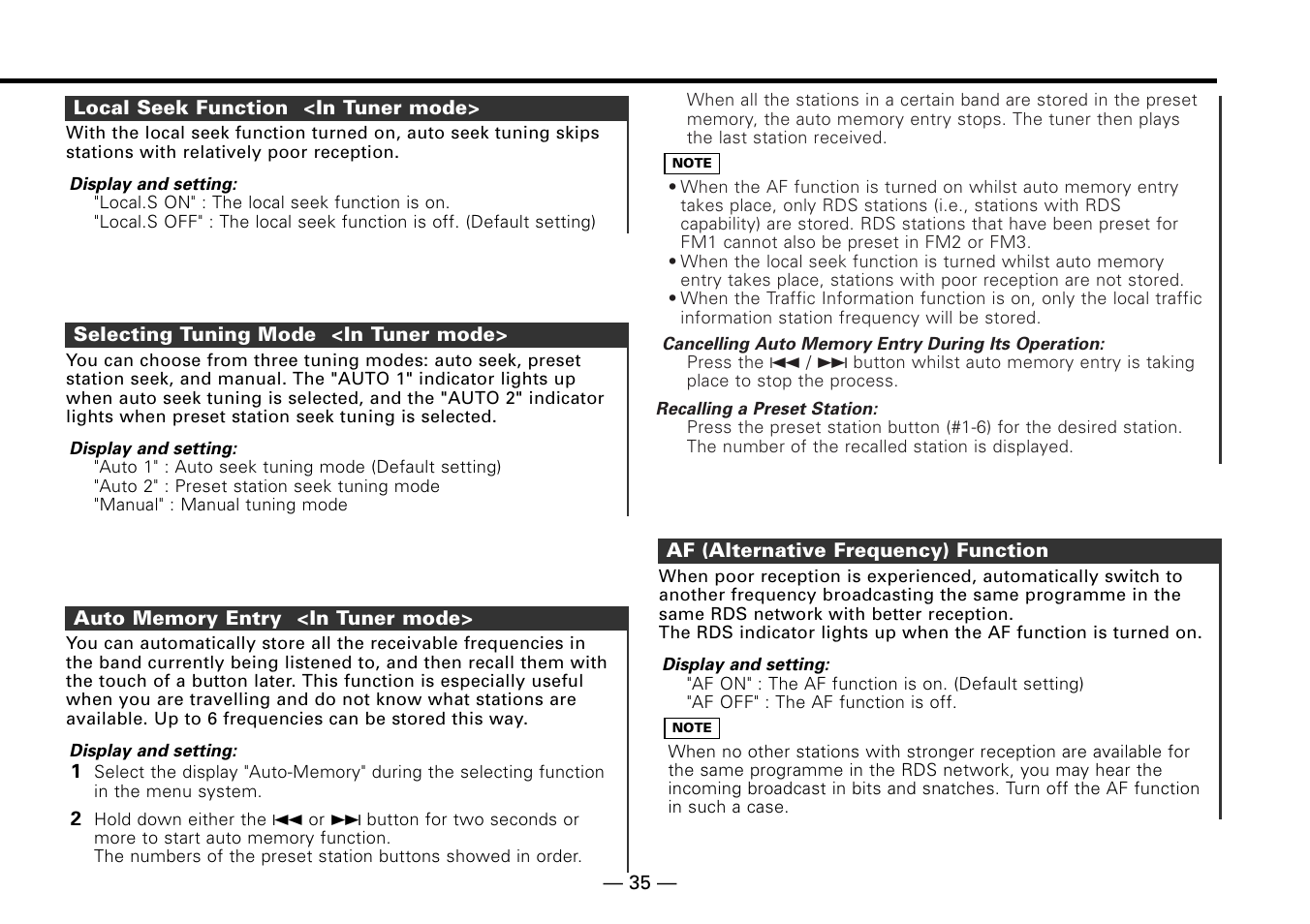 Local seek function <in tuner mode, Selecting tuning mode <in tuner mode, Auto memory entry <in tuner mode | Af (alternative frequency) function | Kenwood KRC-779R  EN User Manual | Page 35 / 50