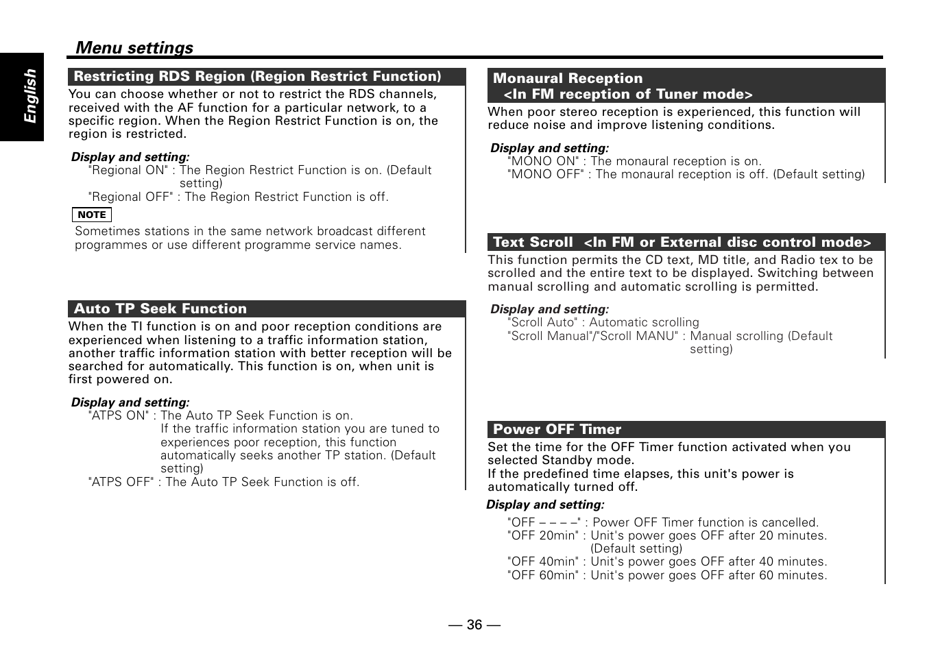 Restricting rds region (region restrict function), Auto tp seek function, Monaural reception<in fm reception of tuner mode | Text scroll <in fm or external disc control mode, Power off timer, Menu settings | Kenwood KRC-779R  EN User Manual | Page 36 / 50