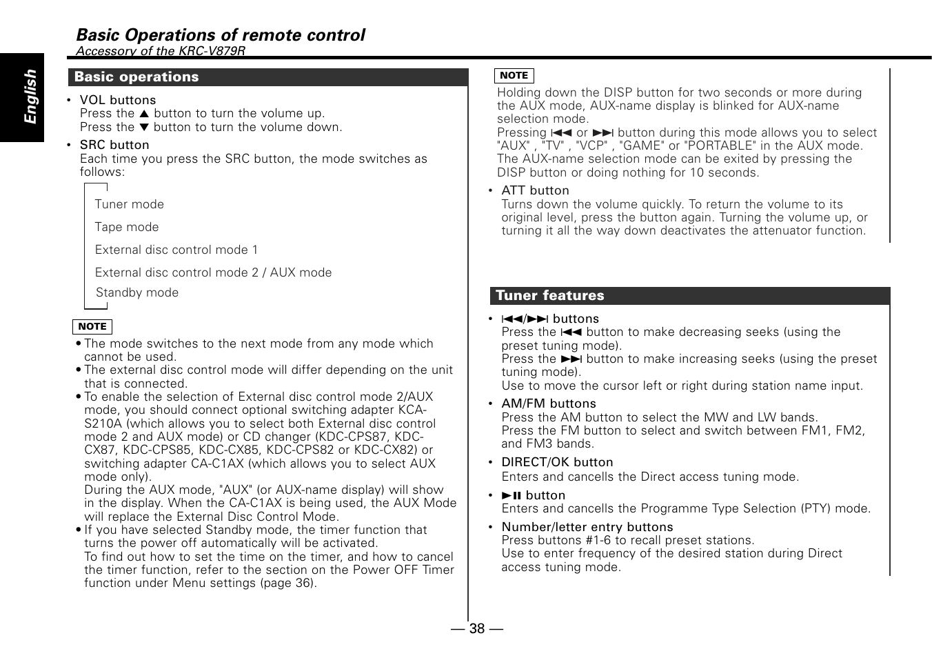 Basic operations, Tuner features, Basic operations of remote control | English | Kenwood KRC-779R  EN User Manual | Page 38 / 50