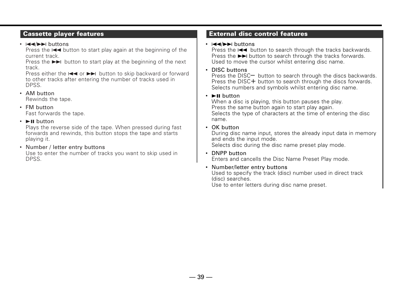 Cassette player features, External disc control features | Kenwood KRC-779R  EN User Manual | Page 39 / 50