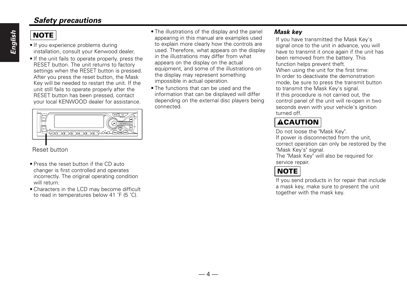 Safety precautions, English, Reset button | Mask key | Kenwood KRC-779R  EN User Manual | Page 4 / 50