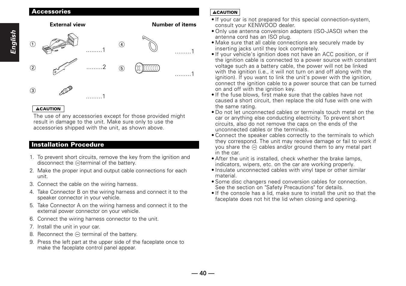 Accessories, Installation procedure, English | Kenwood KRC-779R  EN User Manual | Page 40 / 50