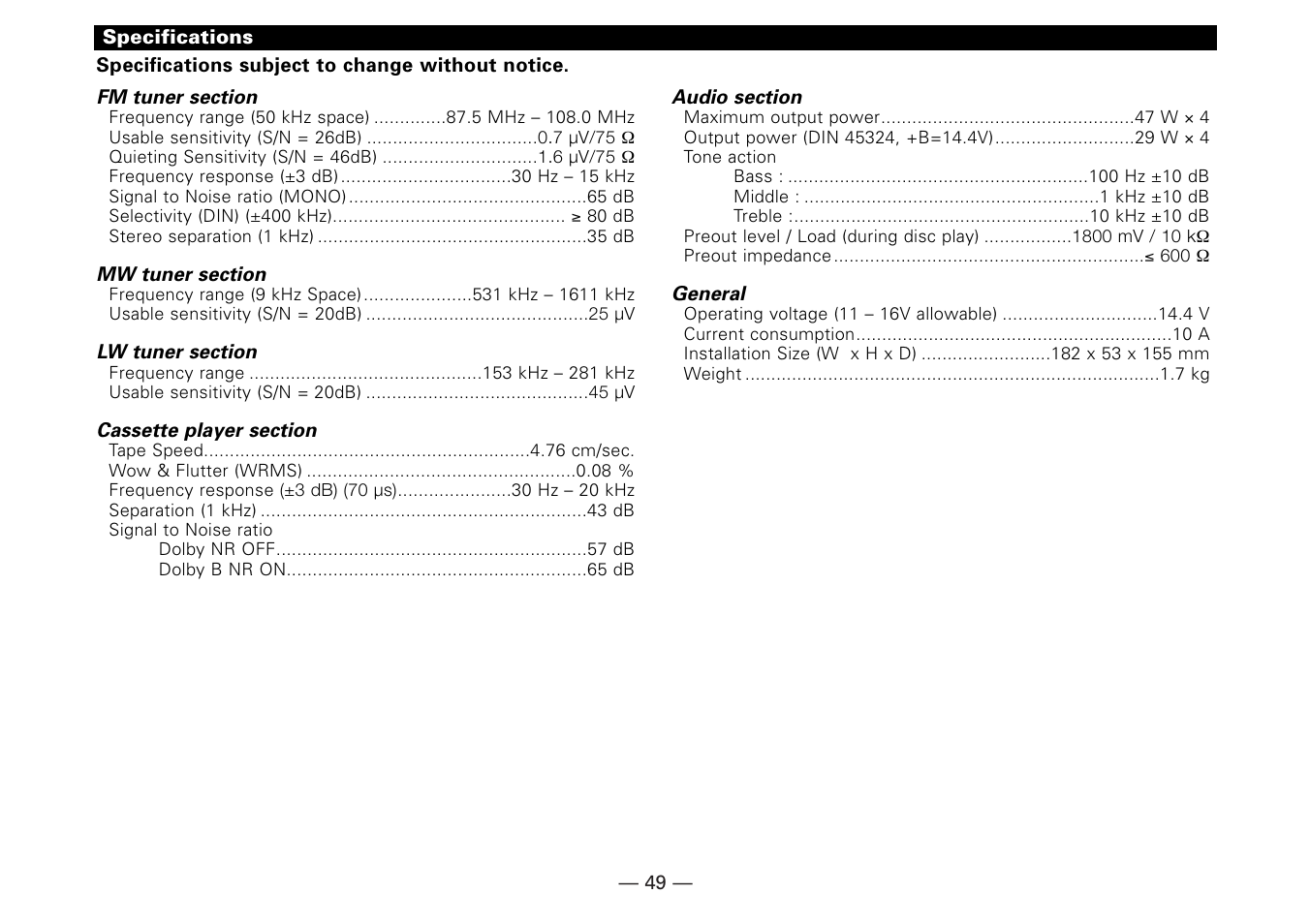 Specifications | Kenwood KRC-779R  EN User Manual | Page 49 / 50