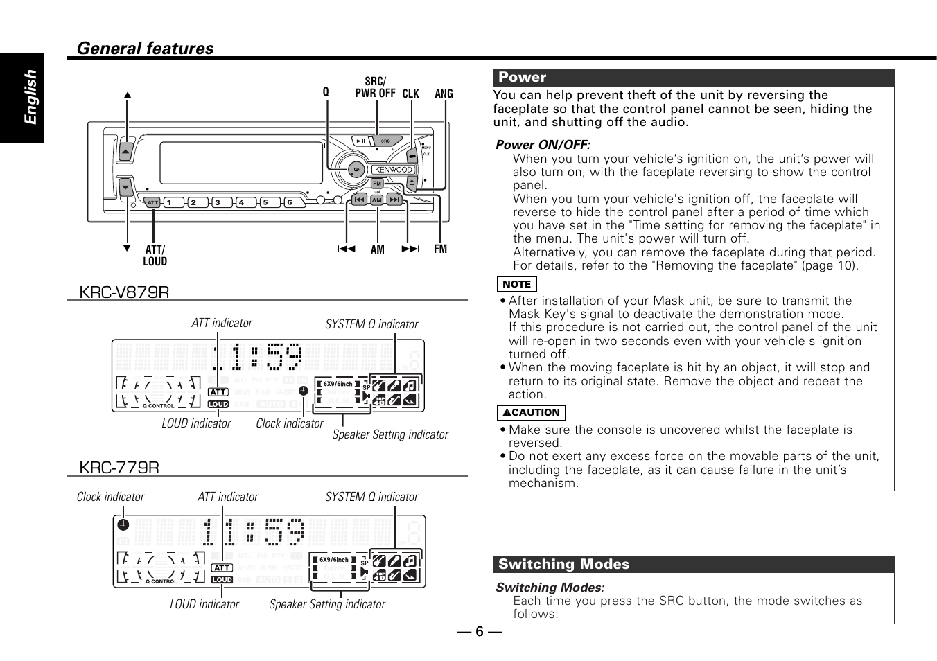 General features, Power, Switching modes | English | Kenwood KRC-779R  EN User Manual | Page 6 / 50