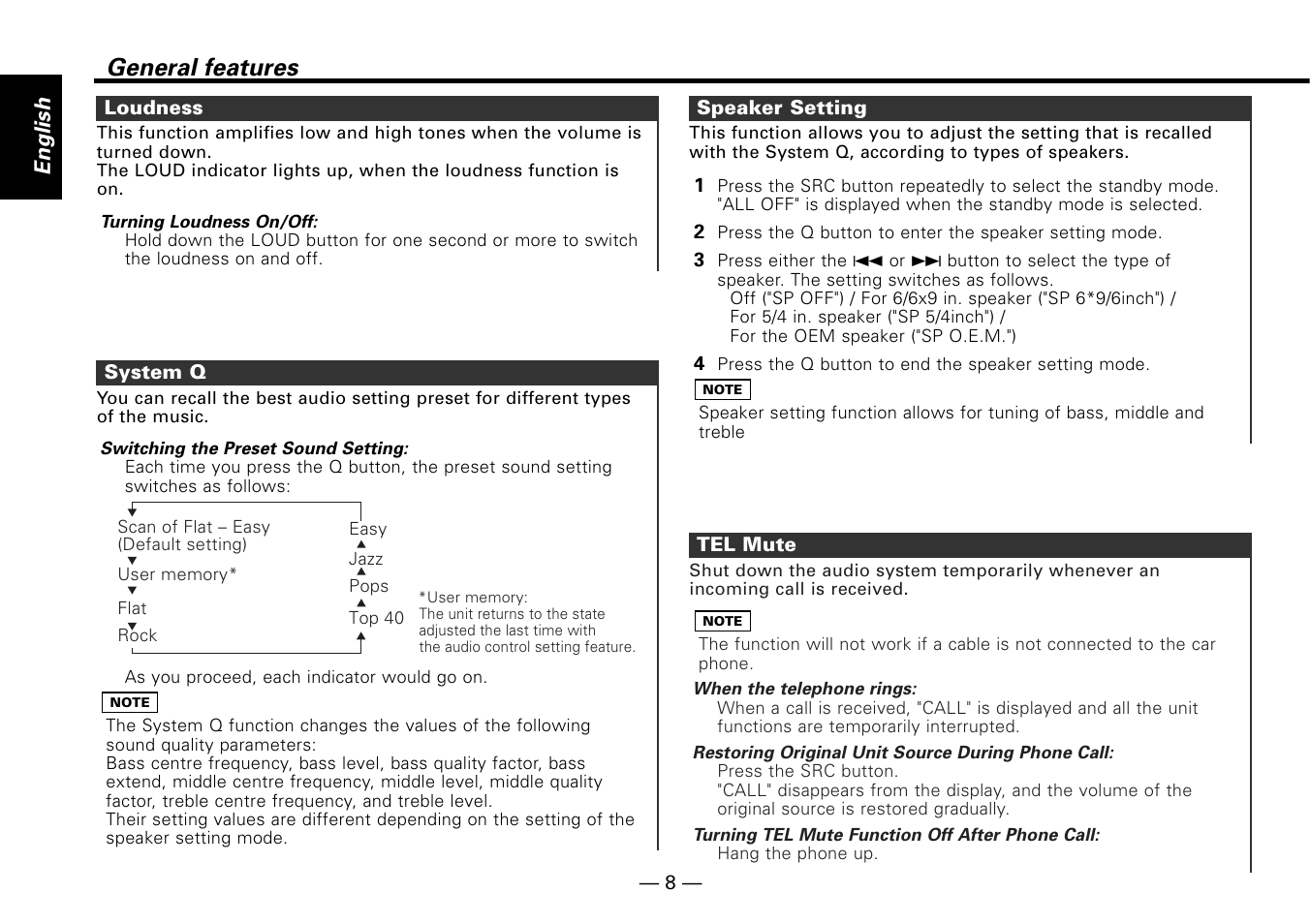 Loudness, System q, Speaker setting | Tel mute, General features, English | Kenwood KRC-779R  EN User Manual | Page 8 / 50