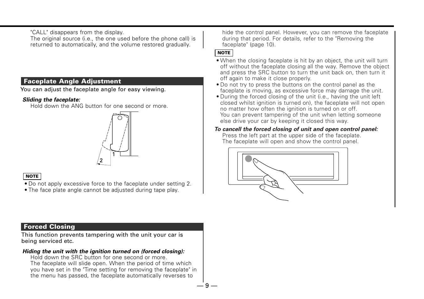 Faceplate angle adjustment, Forced closing | Kenwood KRC-779R  EN User Manual | Page 9 / 50