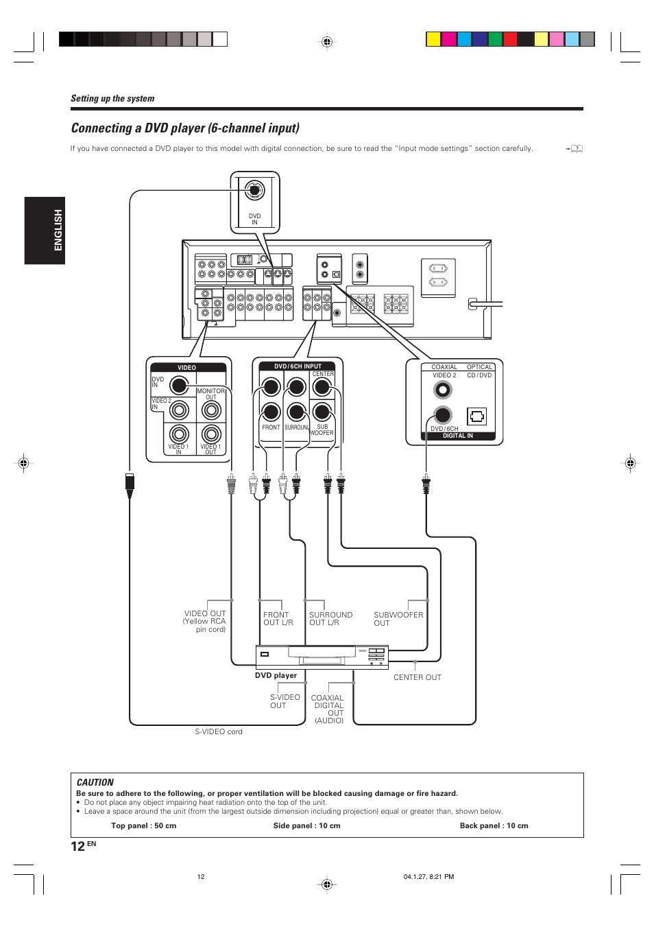 Connecting a dvd player (6-channel input), Setting up the system, Caution | Kenwood KRF-V6080D User Manual | Page 12 / 40