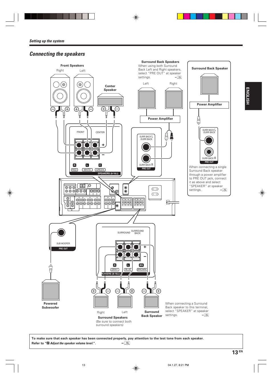 Connecting the speakers, Setting up the system | Kenwood KRF-V6080D User Manual | Page 13 / 40