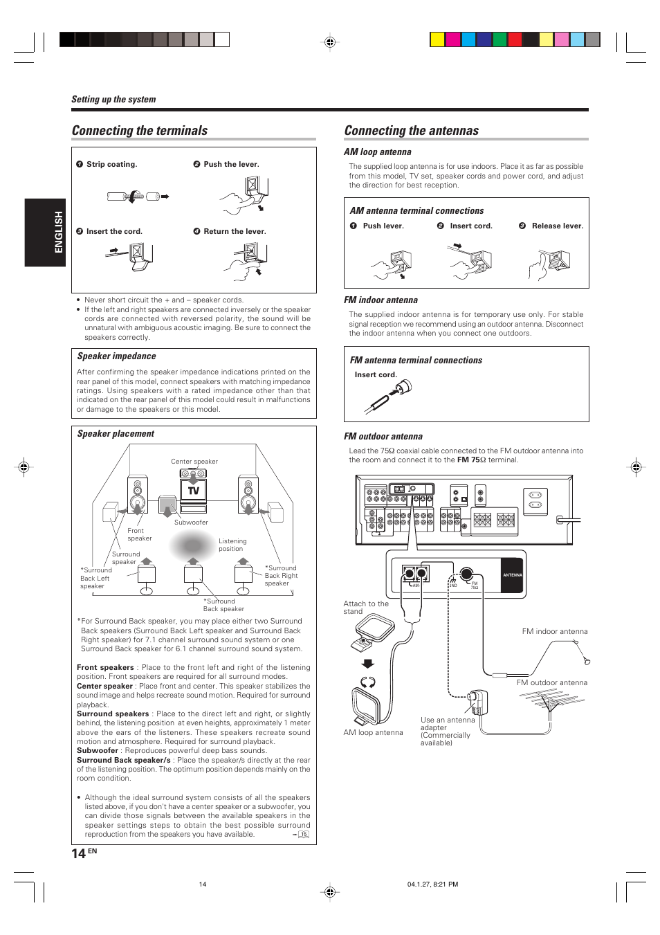Connecting the antennas, Connecting the terminals | Kenwood KRF-V6080D User Manual | Page 14 / 40