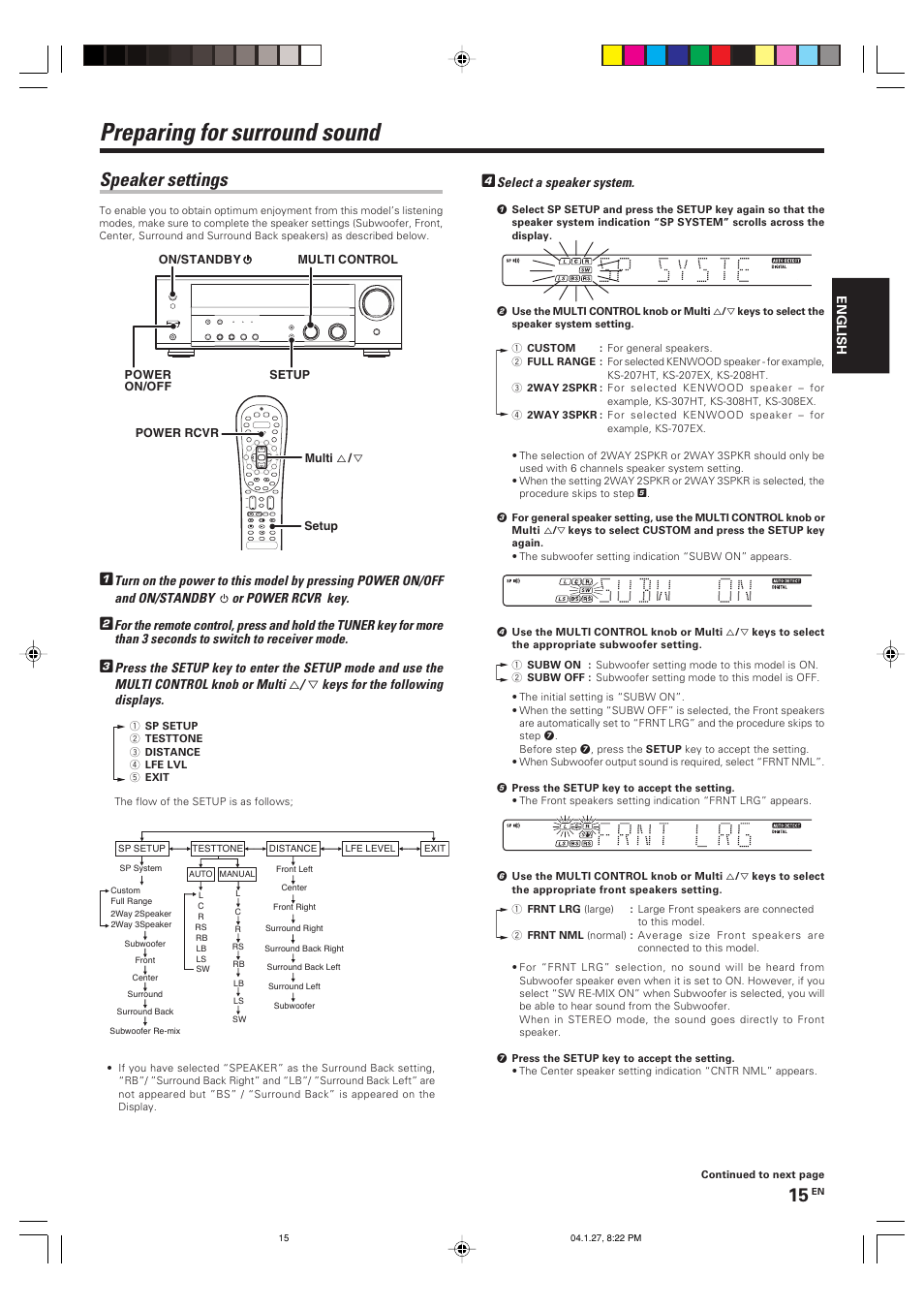 Preparing for surround sound, Speaker settings | Kenwood KRF-V6080D User Manual | Page 15 / 40
