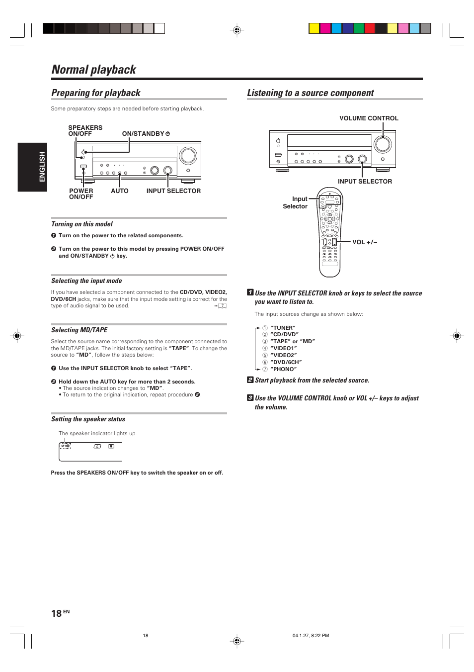 Normal playback, Listening to a source component, Preparing for playback | Kenwood KRF-V6080D User Manual | Page 18 / 40
