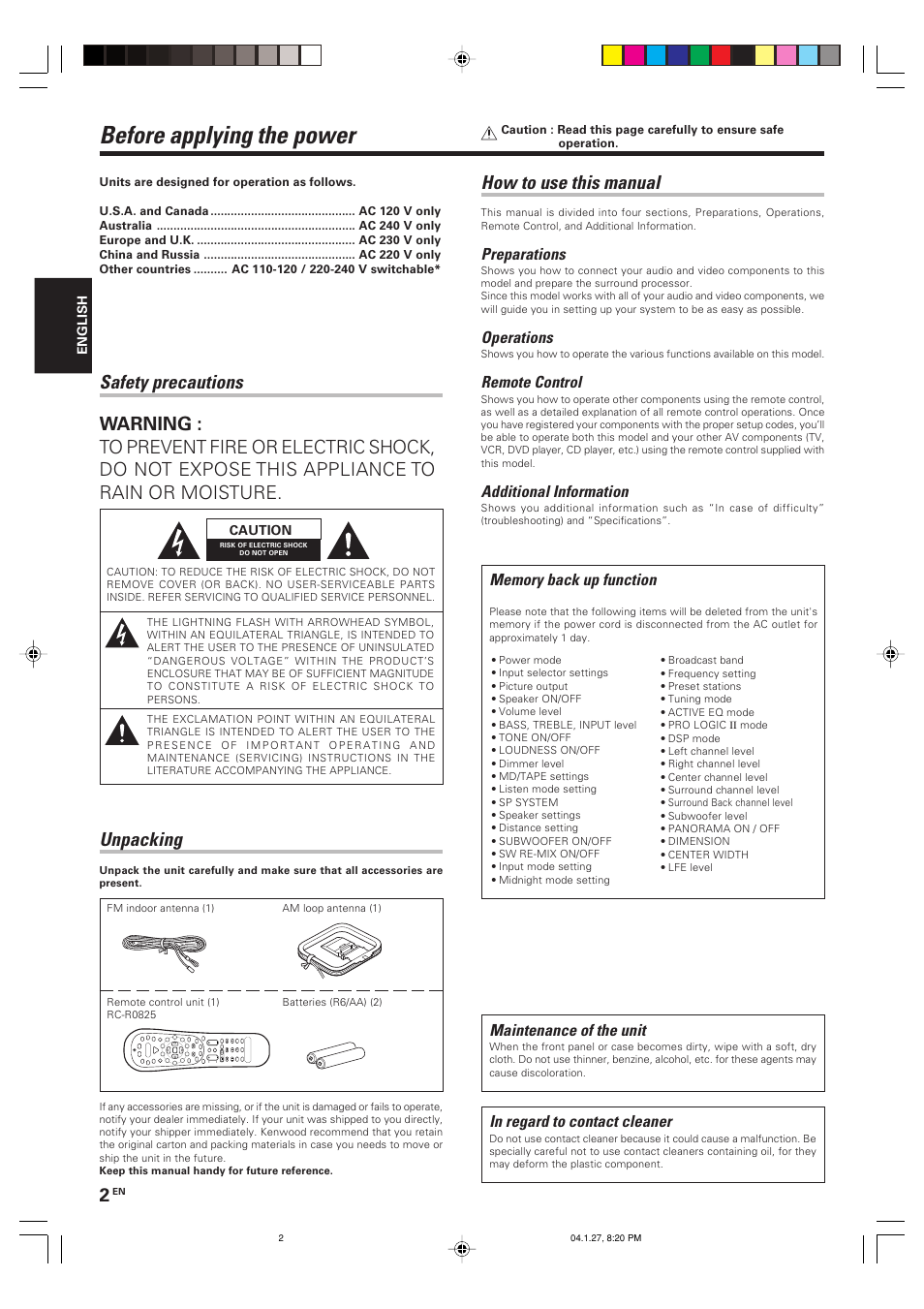 Before applying the power, How to use this manual, Unpacking | Preparations, Operations, Remote control, Additional information, Maintenance of the unit | Kenwood KRF-V6080D User Manual | Page 2 / 40