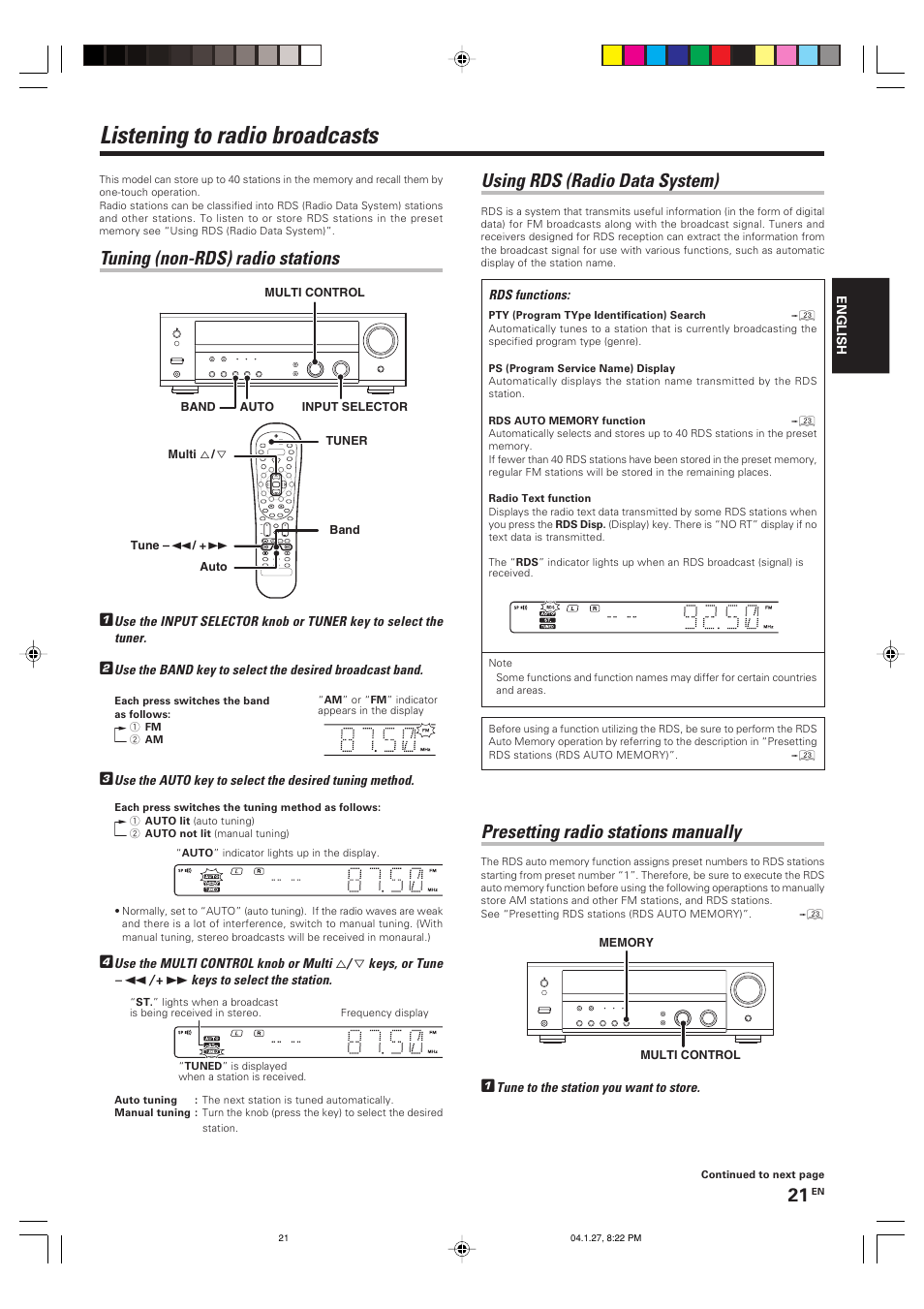 Listening to radio broadcasts, Using rds (radio data system), Tuning (non-rds) radio stations | Presetting radio stations manually | Kenwood KRF-V6080D User Manual | Page 21 / 40