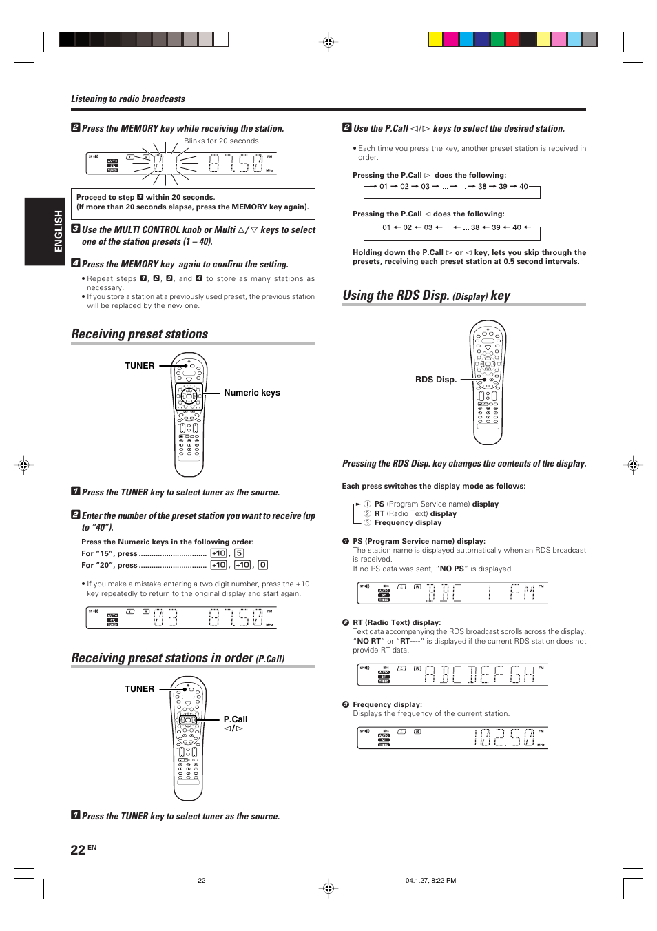 Using the rds disp, Receiving preset stations, Receiving preset stations in order | Kenwood KRF-V6080D User Manual | Page 22 / 40