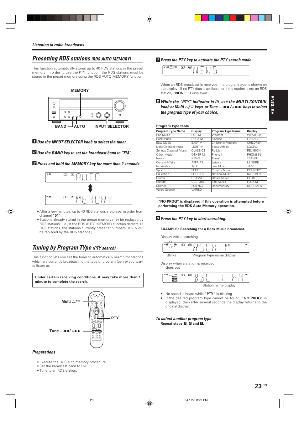 Presetting rds stations, Tuning by program type | Kenwood KRF-V6080D User Manual | Page 23 / 40