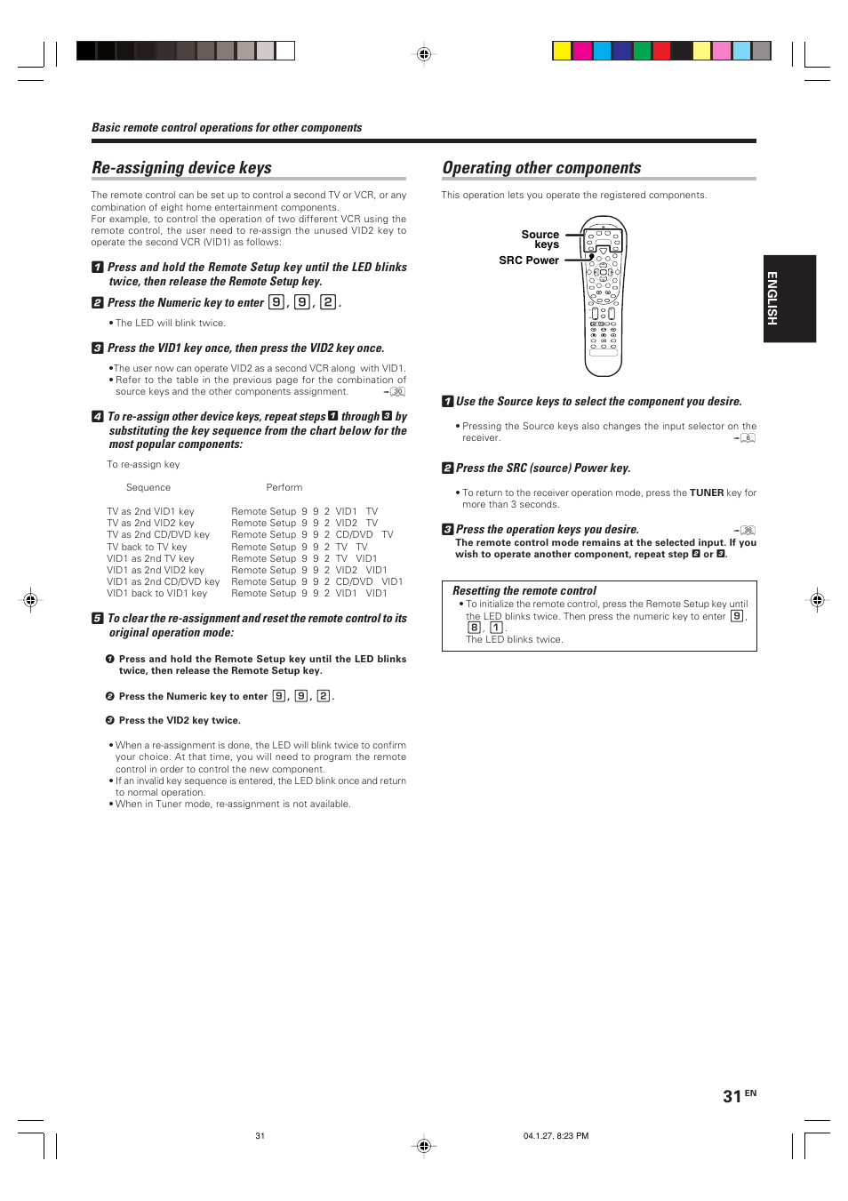 Re-assigning device keys, Operating other components | Kenwood KRF-V6080D User Manual | Page 31 / 40