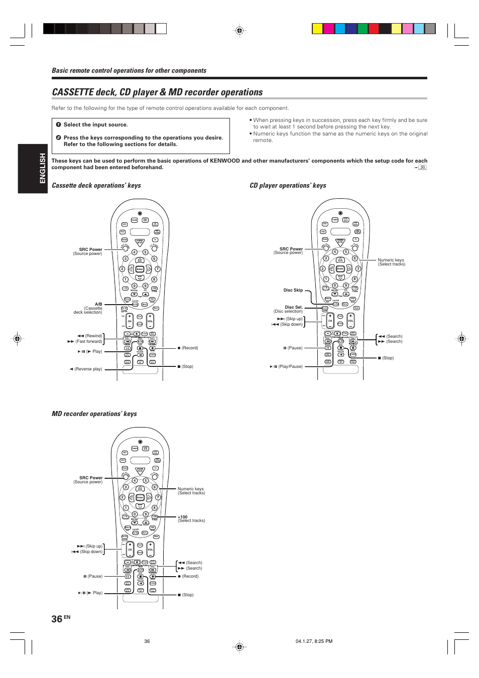 Cassette deck, cd player & md recorder operations, English | Kenwood KRF-V6080D User Manual | Page 36 / 40