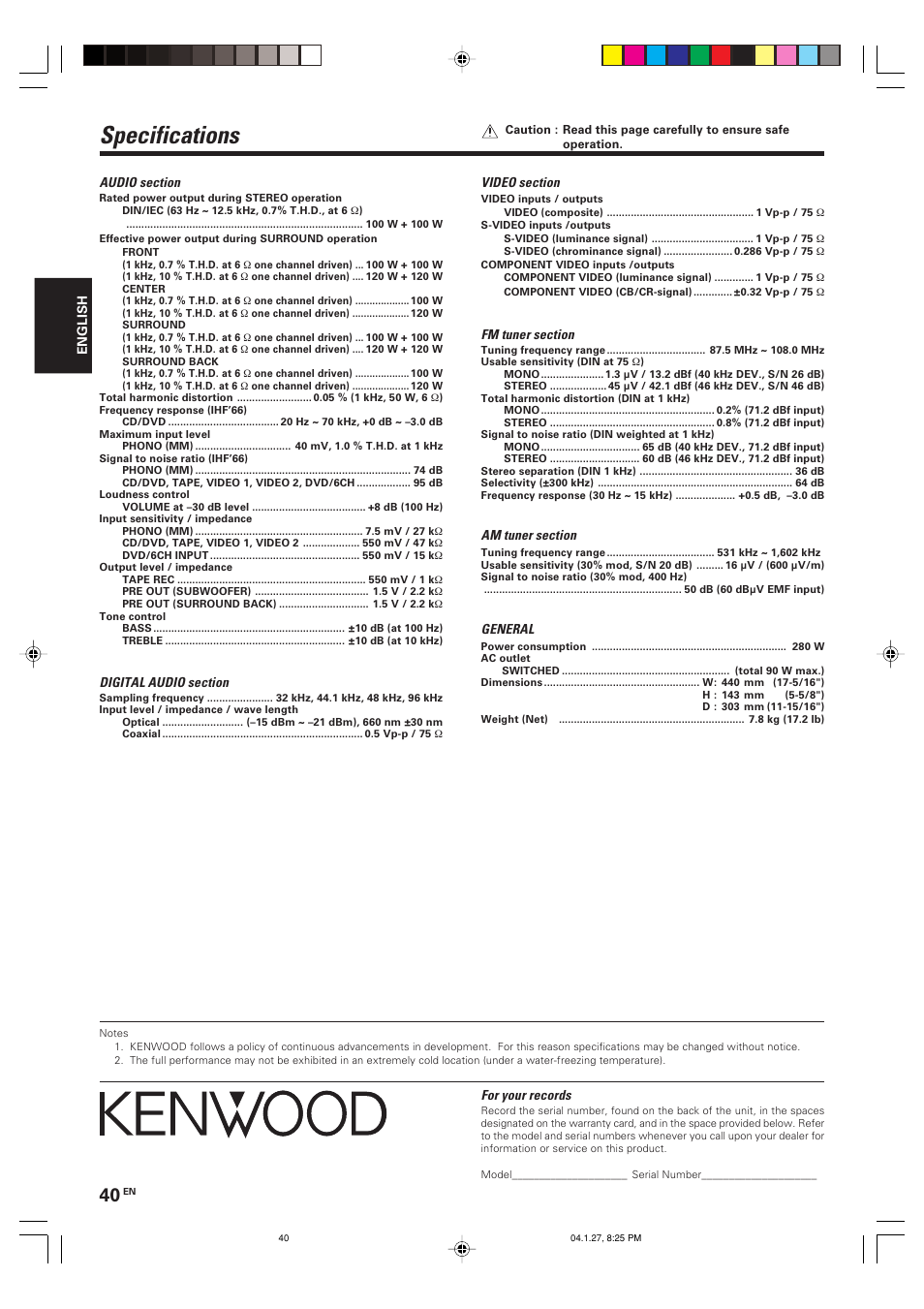 Specifications | Kenwood KRF-V6080D User Manual | Page 40 / 40