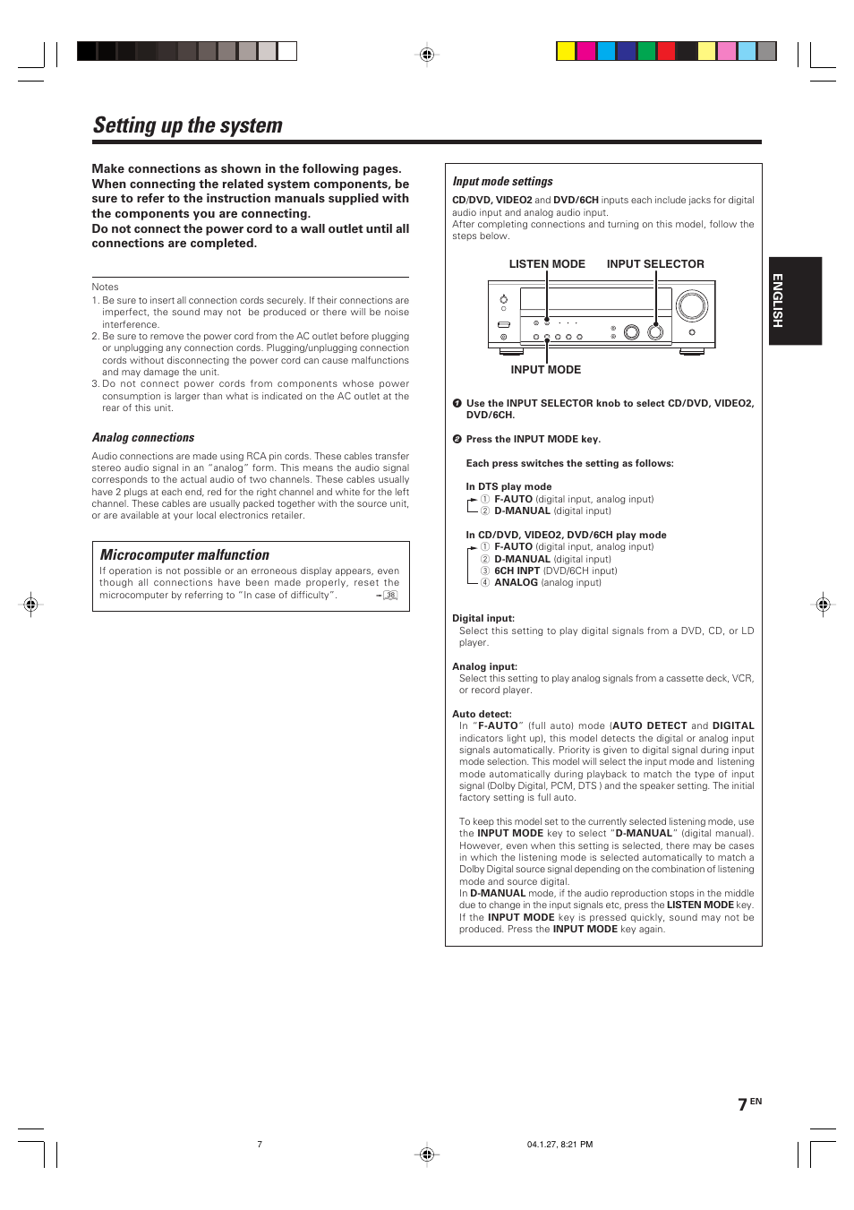 Setting up the system, Microcomputer malfunction | Kenwood KRF-V6080D User Manual | Page 7 / 40