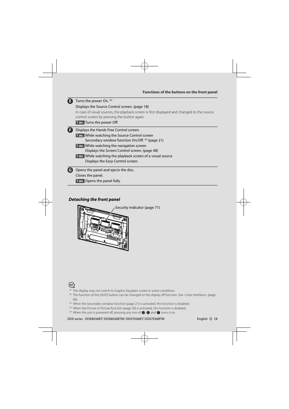 Detaching the front panel | Kenwood DNX7360BTM User Manual | Page 13 / 112