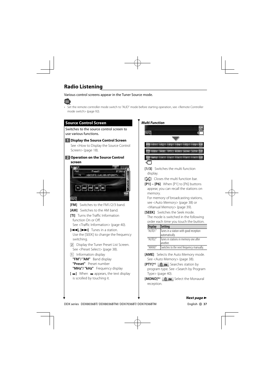 Radio listening | Kenwood DNX7360BTM User Manual | Page 37 / 112