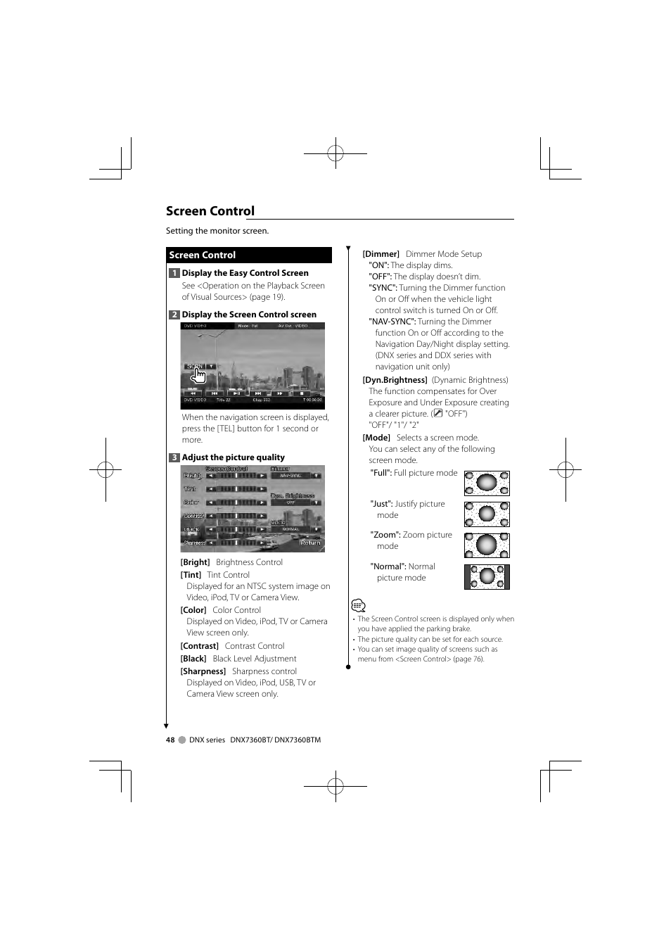 Screen control | Kenwood DNX7360BTM User Manual | Page 48 / 112