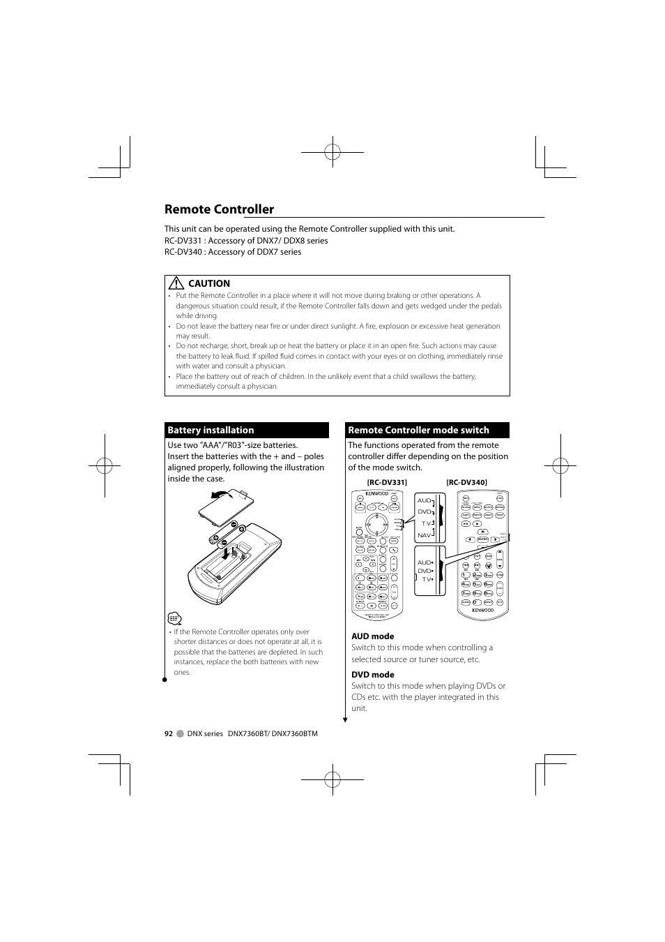 Remote controller, Battery installation, Remote controller mode switch | Caution | Kenwood DNX7360BTM User Manual | Page 92 / 112