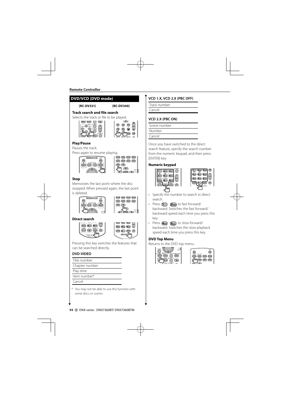 Dvd/vcd (dvd mode), Direct search | Kenwood DNX7360BTM User Manual | Page 94 / 112