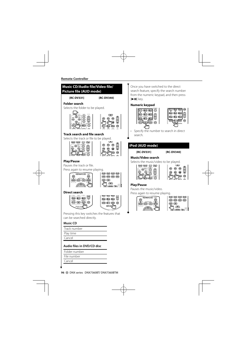 Ipod (aud mode), Remote controller, Folder search selects the folder to be played | Direct search, Specify the number to search in direct search | Kenwood DNX7360BTM User Manual | Page 96 / 112