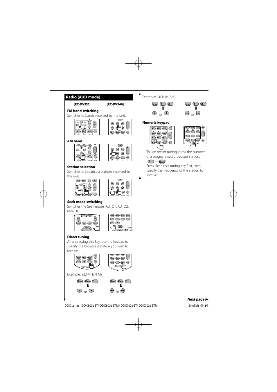 Radio (aud mode), Next page 3 next page 3, Example: 810khz (am) | Or numeric keypad, Am band, Example: 92.1mhz (fm) | Kenwood DNX7360BTM User Manual | Page 97 / 112