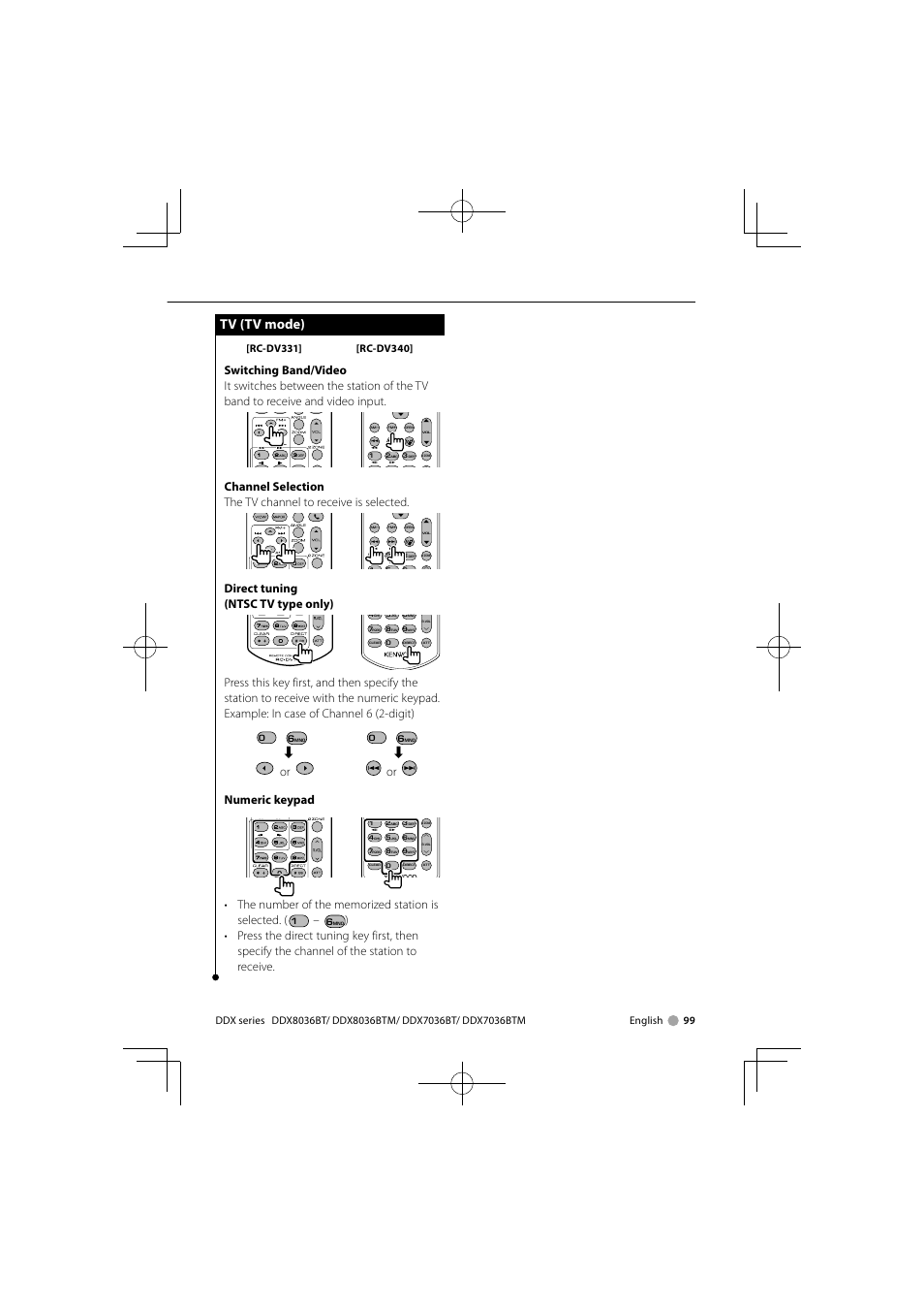 Tv (tv mode), Direct tuning (ntsc tv type only), Or numeric keypad | Kenwood DNX7360BTM User Manual | Page 99 / 112