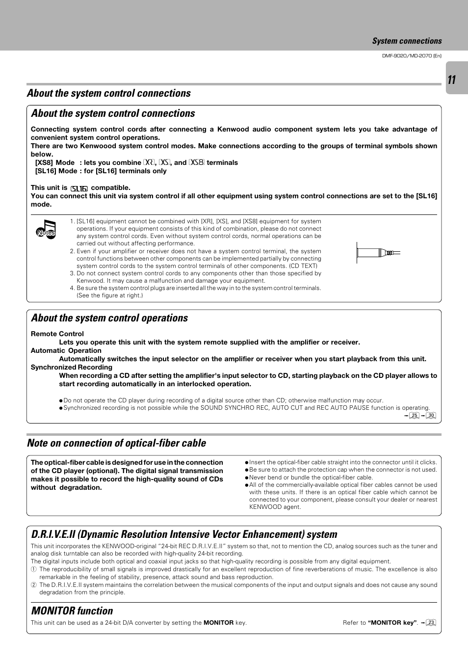 About the system control connections, About the system control operations, Monitor function | Kenwood MD-2070 User Manual | Page 11 / 56