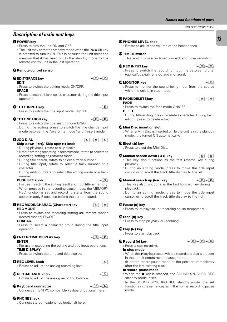 Description of main unit keys | Kenwood MD-2070 User Manual | Page 13 / 56