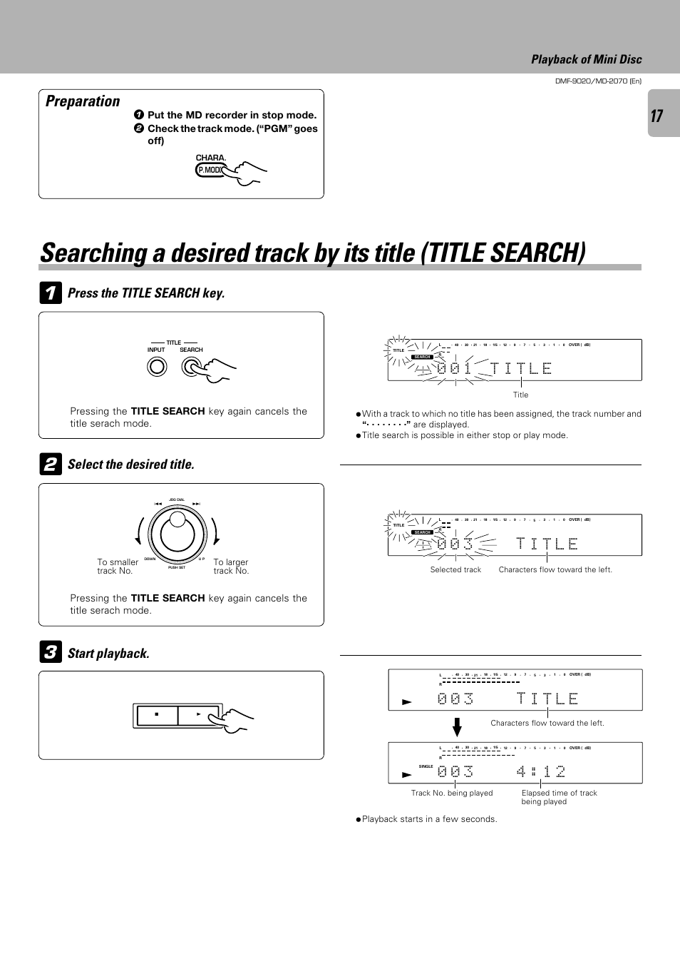 Preparation, Playback of mini disc, Put the md recorder in stop mode | Check the track mode. (“pgm” goes off), Playback starts in a few seconds | Kenwood MD-2070 User Manual | Page 17 / 56