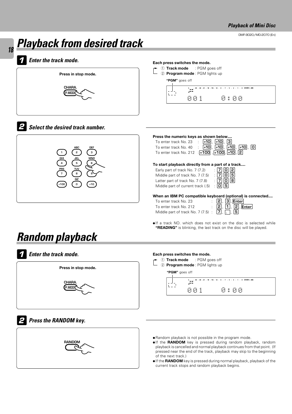 Random playback, Playback from desired track, Press the random key | Enter the track mode, Playback of mini disc | Kenwood MD-2070 User Manual | Page 18 / 56