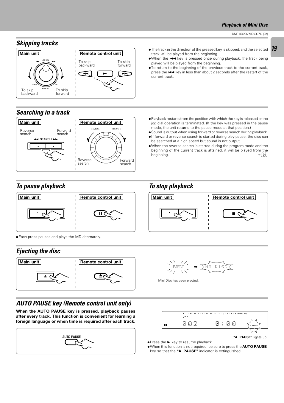 Searching in a track skipping tracks, Auto pause key (remote control unit only), Playback of mini disc | Kenwood MD-2070 User Manual | Page 19 / 56