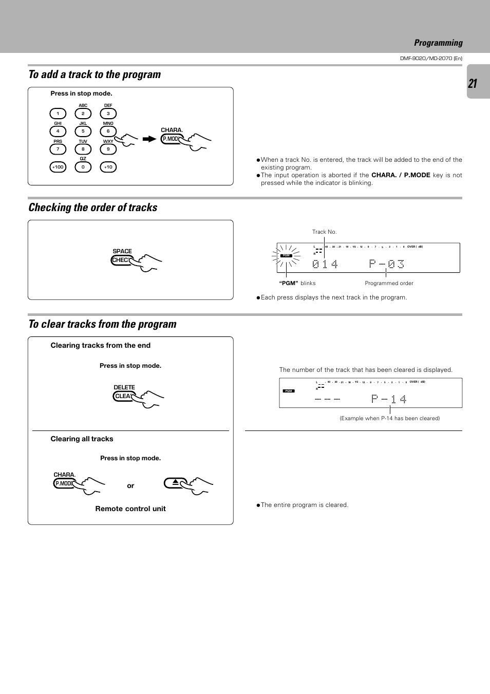 P - 1 4, Programming, Clearing tracks from the end | Clearing all tracks, Remote control unit, Press in stop mode | Kenwood MD-2070 User Manual | Page 21 / 56