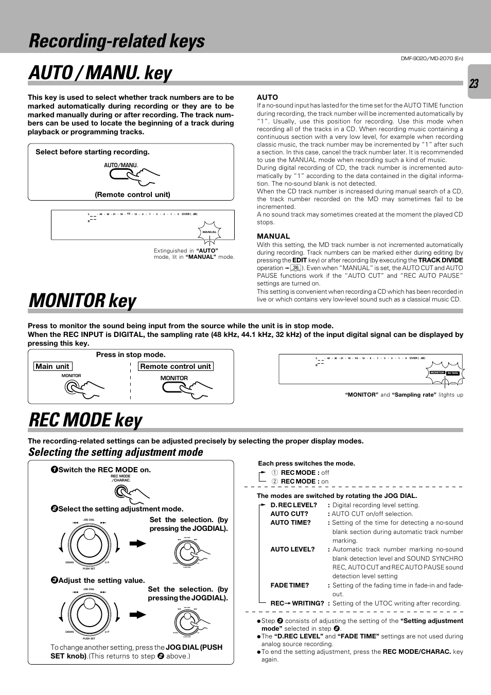 Recording-related keys auto / manu. key, Monitor key, Rec mode key | Selecting the setting adjustment mode, Manual, Switch the rec mode on, Select the setting adjustment mode, Set the selection. (by pressing the jogdial) | Kenwood MD-2070 User Manual | Page 23 / 56