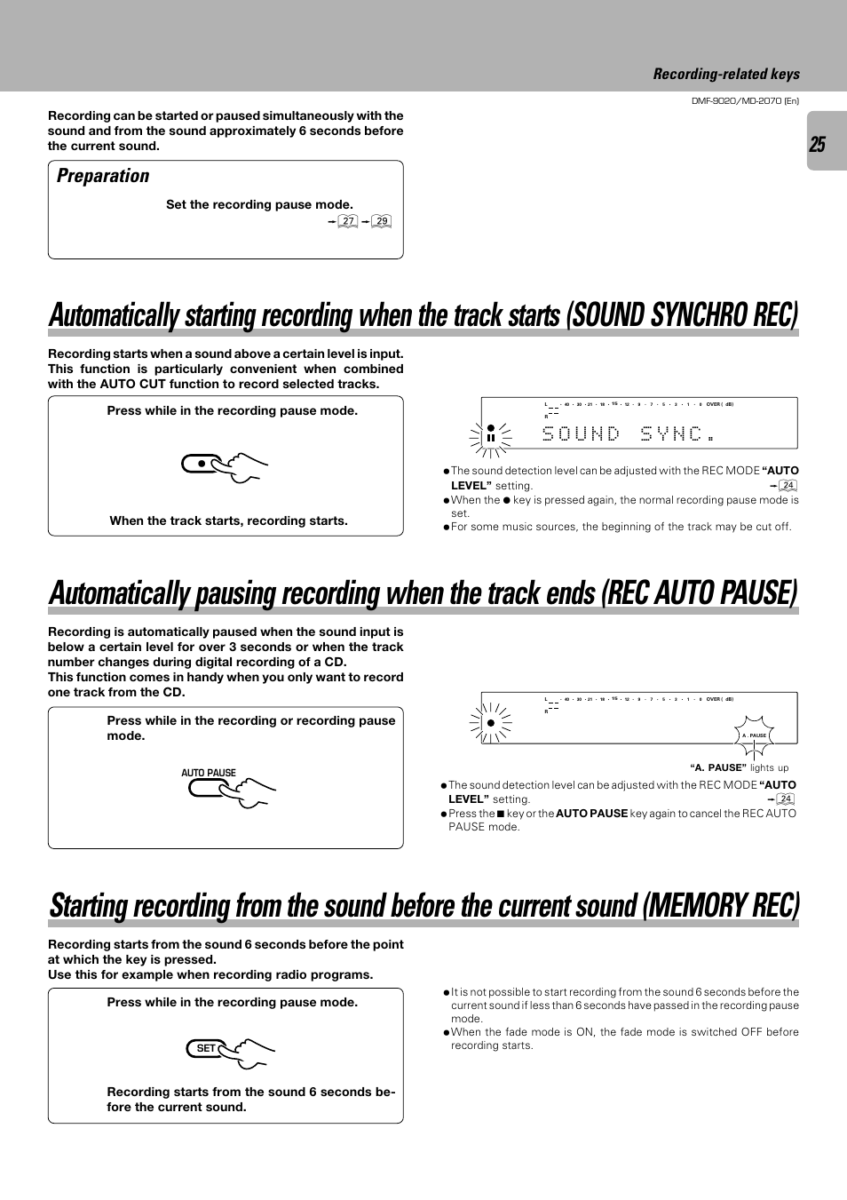 Preparation, Recording-related keys, Set the recording pause mode | Kenwood MD-2070 User Manual | Page 25 / 56