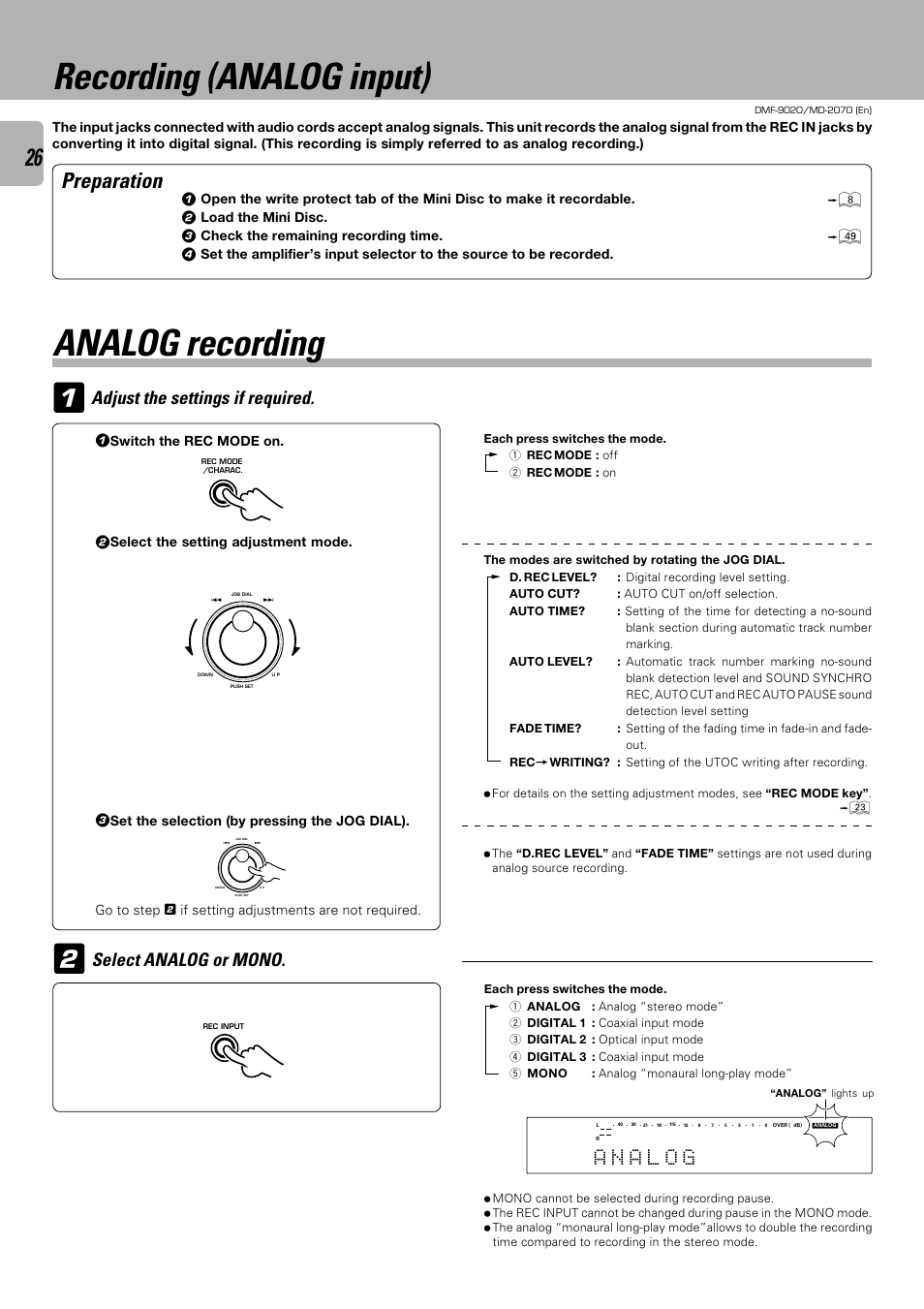 Recording (analog input), Analog recording, Preparation | Adjust the settings if required, Select analog or mono | Kenwood MD-2070 User Manual | Page 26 / 56