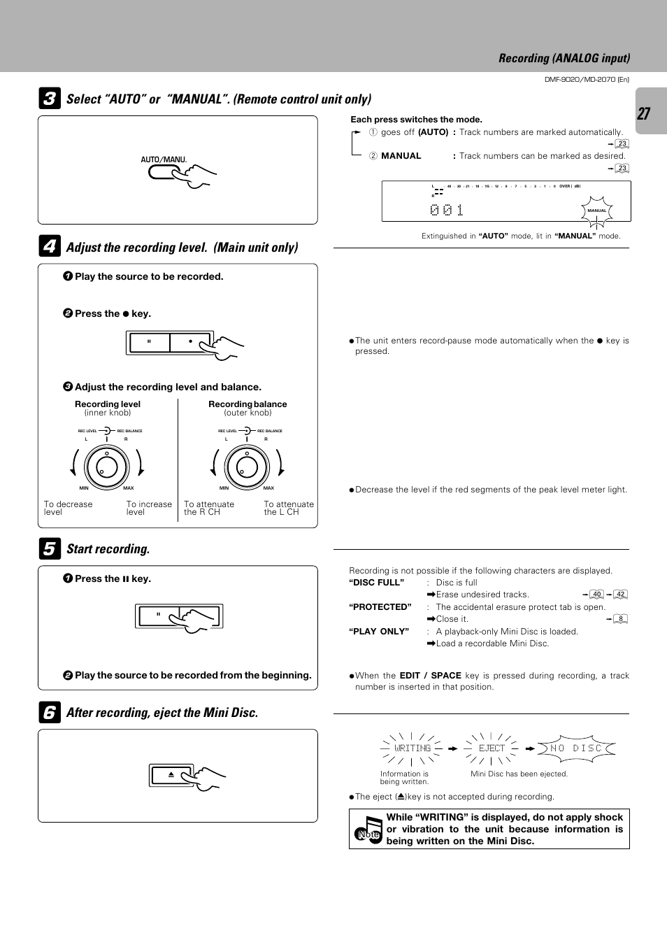 Recording (analog input) | Kenwood MD-2070 User Manual | Page 27 / 56